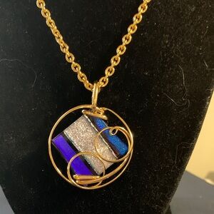 Gold-Tone Circle Pendant Necklace with Blue and Silver Glass Inlay
